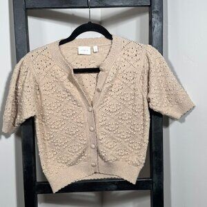 Cyrus Knit Button-Front Cardigan – Cream/Beige, Short Sleeve, Size S